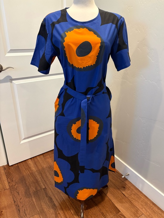 Marimekko Dresses & Skirts - Stunning Marimekko Blue & Orange Floral Midi Dress Size Small/Medium 34 NWOT